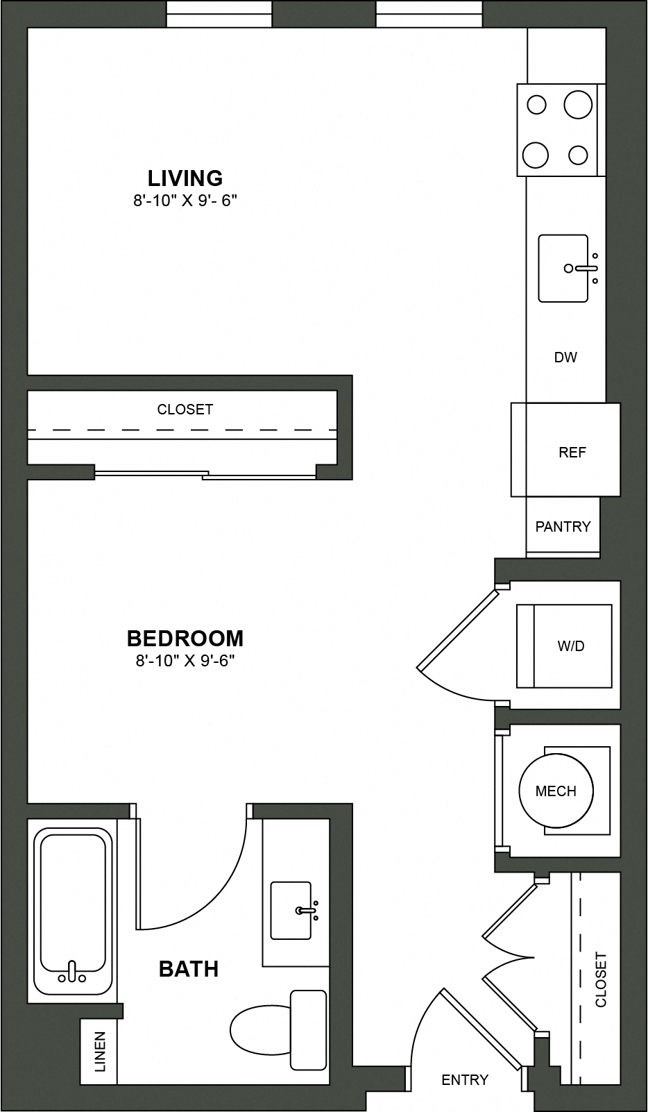 Floor plan for studio, 1 bath, 496 sqft